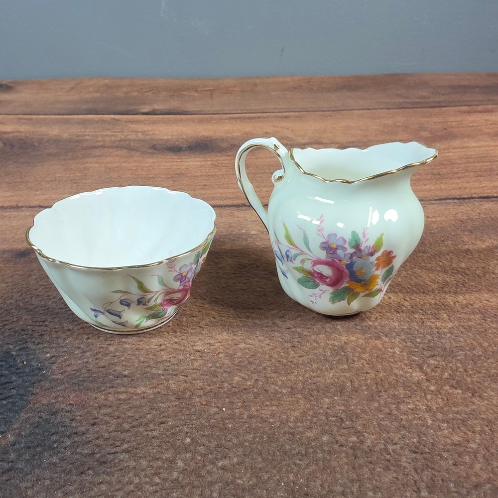 Paragon Creamer and Sugar Bowl Set White Floral Excellent Gold Trim Fluted